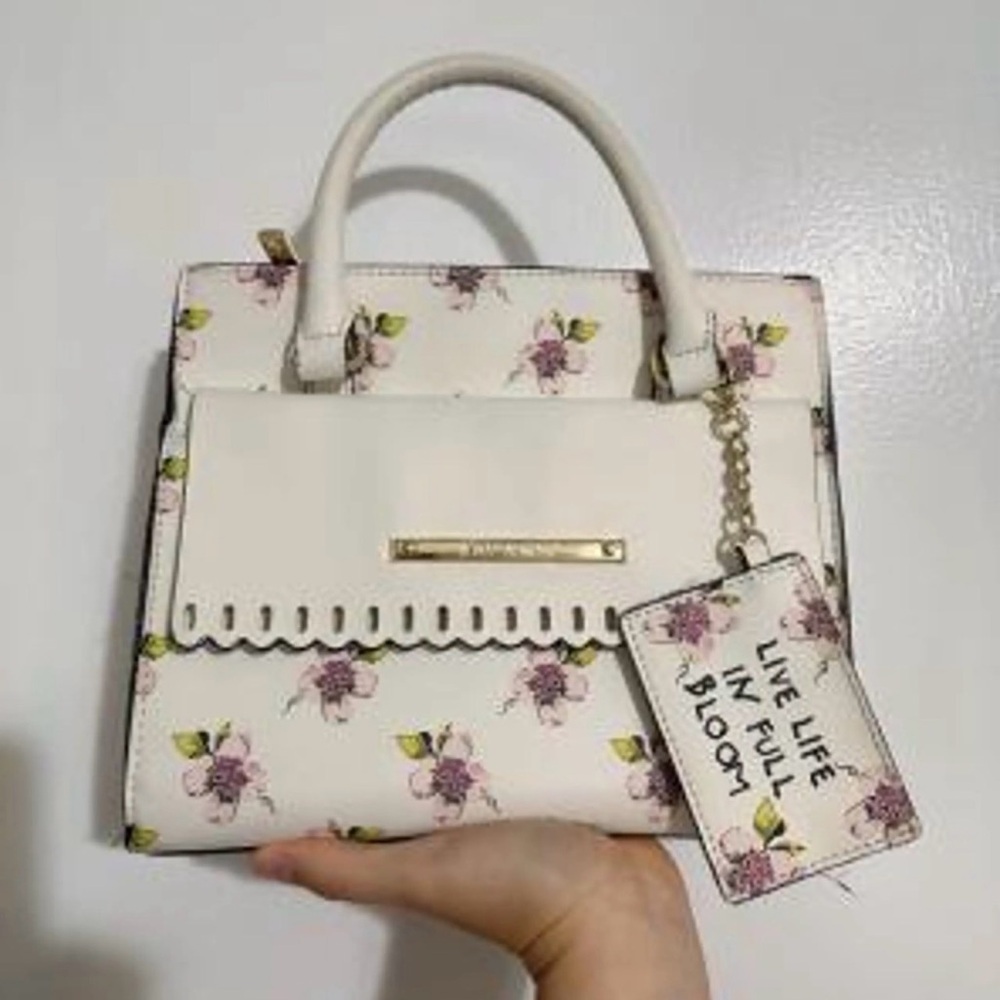 Betsey Johnson White Floral Satchel with Removable Cardholder